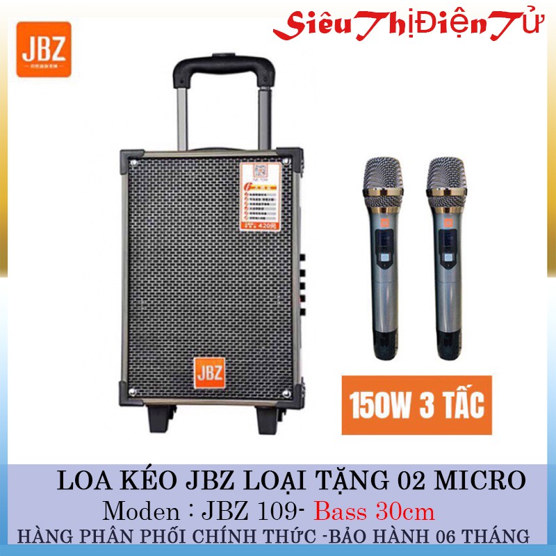 LOA KÉO KARAOKE JBZ NE109 loại 3 tấc và loa kẹo kéo kèm 2 mic không dây chất liện bằng gỗ với bình ác quy trong loa