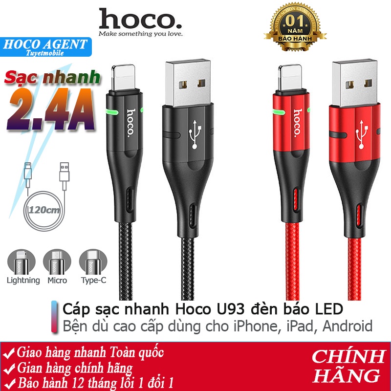 Cáp sạc nhanh Hoco U93 siêu bền 2.4A iPhone / Android/ iPad dây dài 1.2m - Chính hãng
