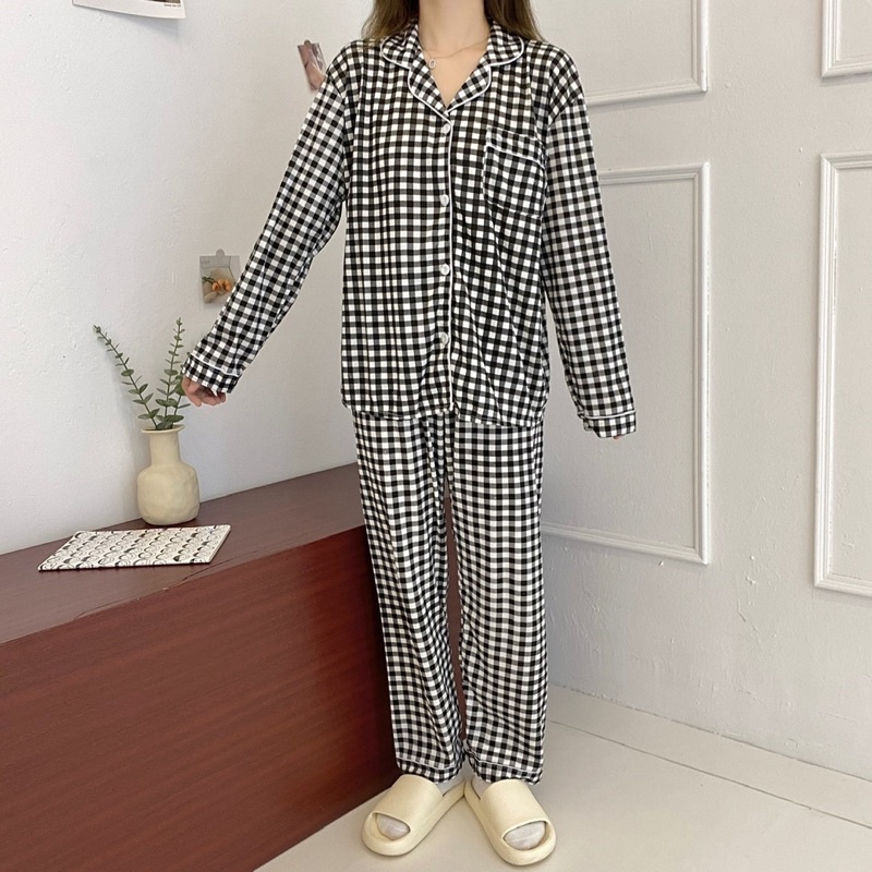 Bộ pijama chất đũi xốp kẻ ô tay dài quần dài siêu hot thu đông năm 2022