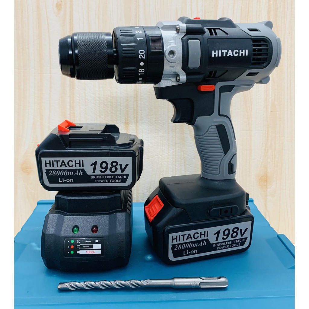 Máy khoan pin 198V Hitachi 3 chứ năng có búa - Động cơ 775 siêu mạnh mẽ - Tặng kèm 1 mũi khoan bê tông 8MM