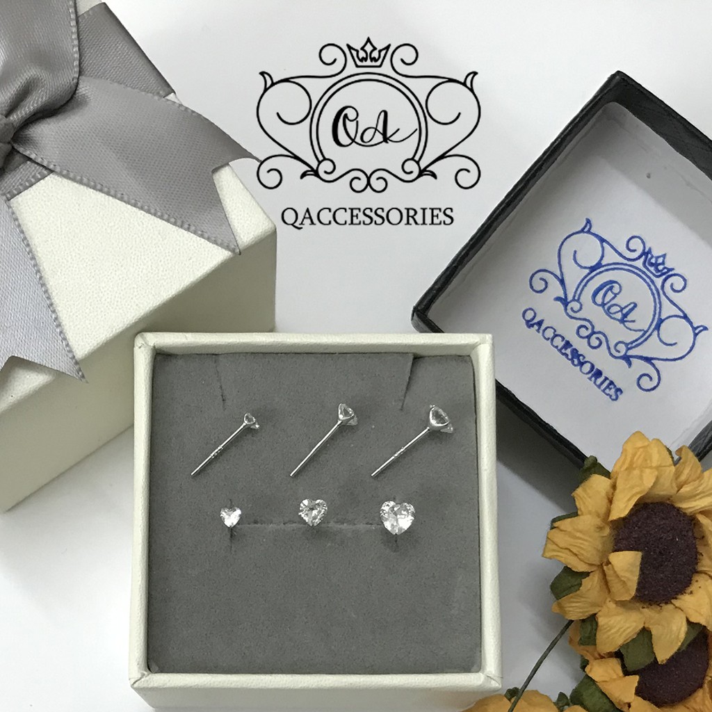 Bông tai bạc trái tim khuyên tai nụ đá zircon nhân tạo tối giản S925 HEART Silver Earrings QA SILVER EA201203