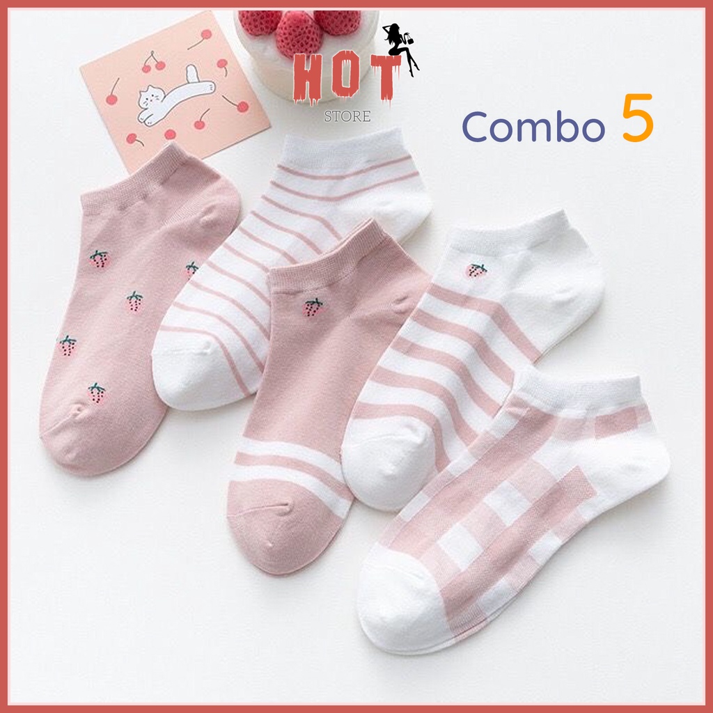 Tất Nữ Cổ Ngắn Vớ Cổ Thấp Màu Hồng Cute Thời Trang Hàn Quốc Set 5 Đôi Kèm Túi - Hot Store