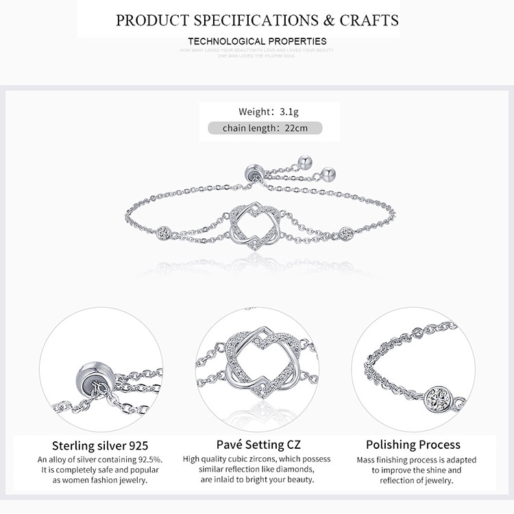 Vòng tay Bamoer SCB022 bằng bạc Sterling 925 hình trái tim kép xoắn chính hãng cho nữ