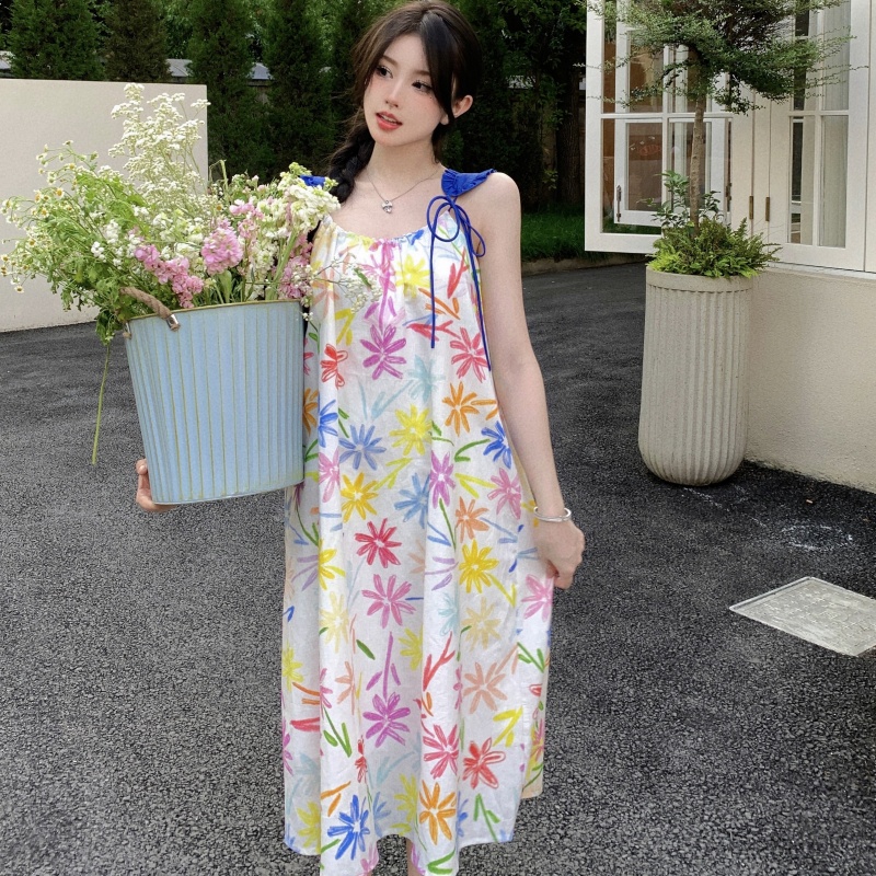 Đầm Hai Dây Dáng Rộng In Hình Hoa Hướng Dương Sáp Màu Sáp Phong Cách chic Hồng Kông Cổ Điển Phong Cách Mới 20
