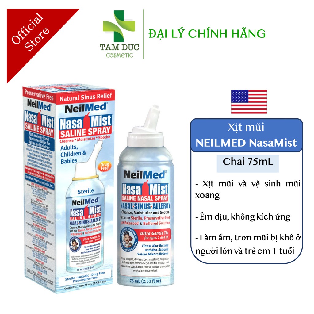 NEILMED NASAMIST [Chai 75ml] - Dung dịch phun sương vệ sinh mũi xoang, làm ẩm, làm trơn mũi khô