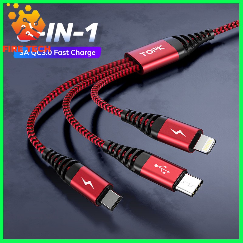 Dây cáp sạc siêu bền TOPK AN24 3 cổng ra Micro USB, Type C, Lightning