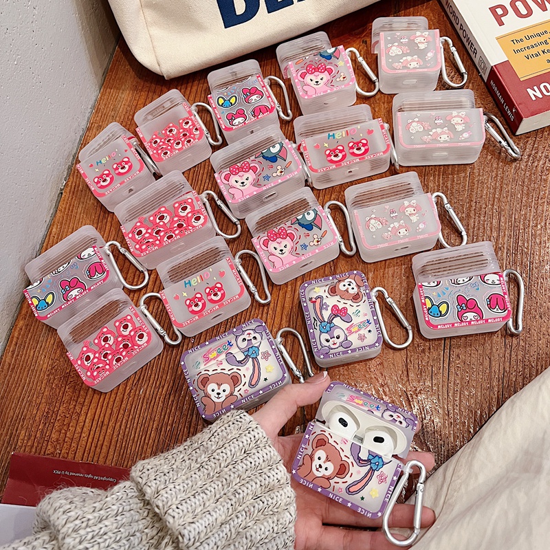 Vỏ bảo vệ hộp sạc tai nghe thích hợp cho Airpods 1 2 3 Pro hình vuông bằng tpu trong suốt họa tiết hoạt hình kèm móc