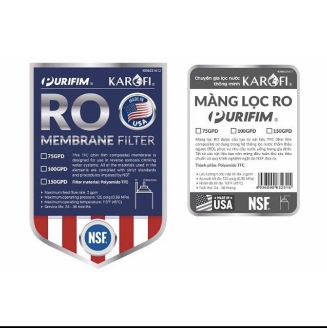 MÀNG RO PURIFIM USA- RO PURIFIM KAROFI. Tặng van 1 chiều, cút nước, dây RO | BigBuy360 - bigbuy360.vn