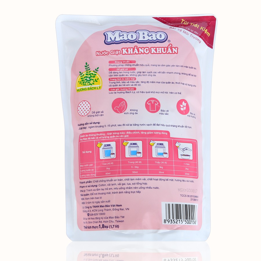 Combo 03 túi Nước Giặt Kháng Khuẩn Mao Bao 1800g hương bách lý