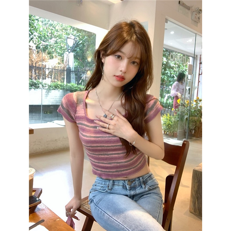 Porozi  Áo crop top dệt kim  thời trang Hàn Quốc kẻ sọc ngắn tay