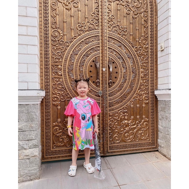 Đầm cho bé gái, set váy chữ A tay phồng bé gái chất thun lạnh 3D chính phẩm dày dặn co giãn thoáng mát 9-40kg Tomkids