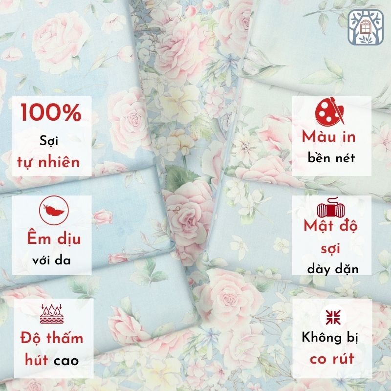 CS21-168 Vải cotton 100% tự nhiên🍒Chuanshui🍒khổ vải 145cm, hoa hồng màu pastel - vải đẹp handmade, quilt, may quần áo