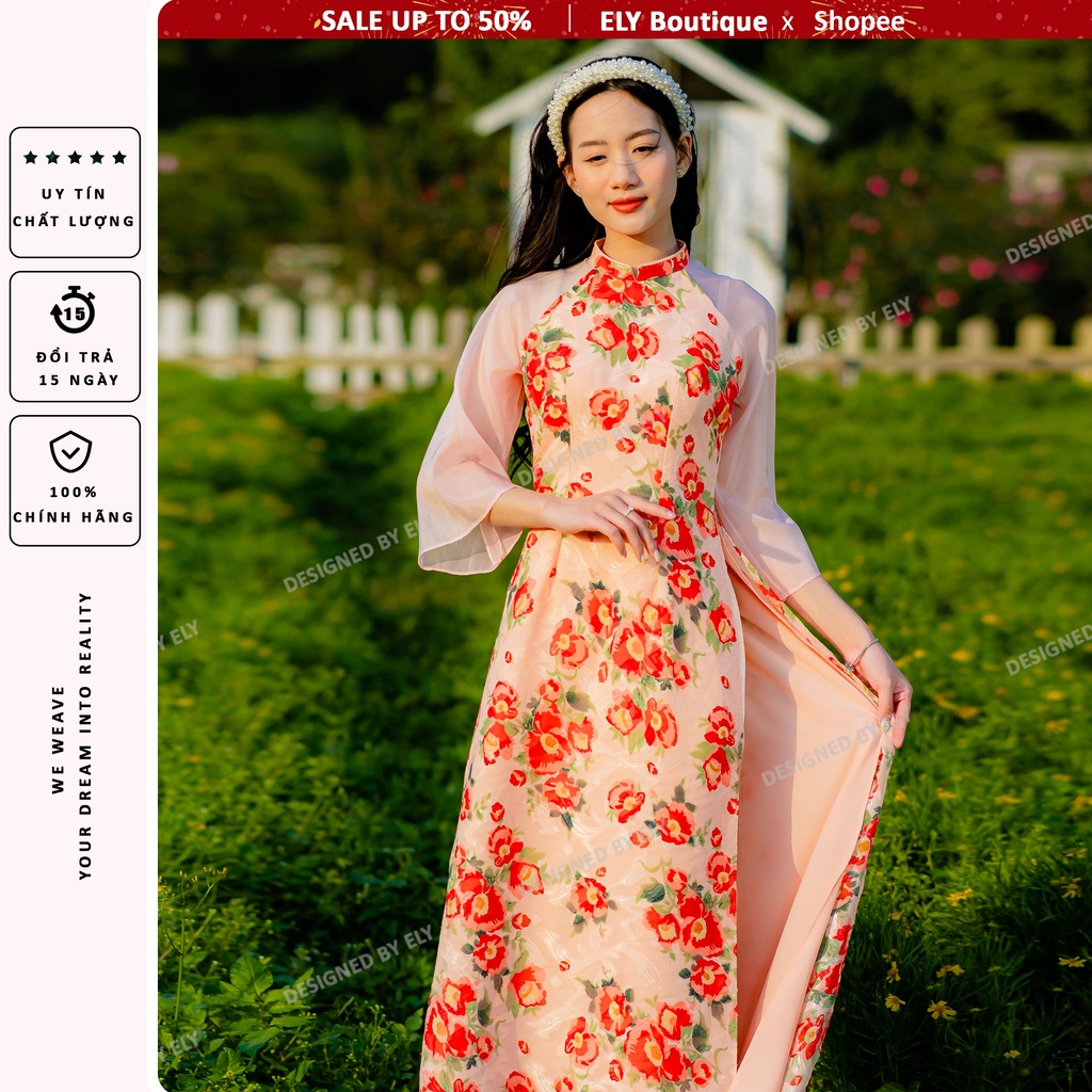 Áo dài cách tân siêu đẹp ELY lụa in nhật cao cấp chất đẹp phom chuẩn / ELVI05