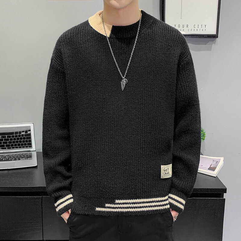 Áo len nam cao cấp tay vá gấu cá tính, Áo len nam phối màu trẻ trung thời trang hàn quốc -1996 BLUE