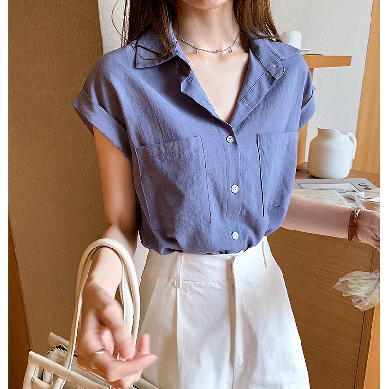 Áo sơ mi trơn ngắn tay dáng rộng thời trang hè 2021 đơn giản cổ điển cho nữ