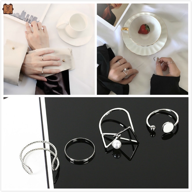 Set 4 chiếc nhẫn hở kiểu dáng hình học đính ngọc trai có thể điều chỉnh cho nữ