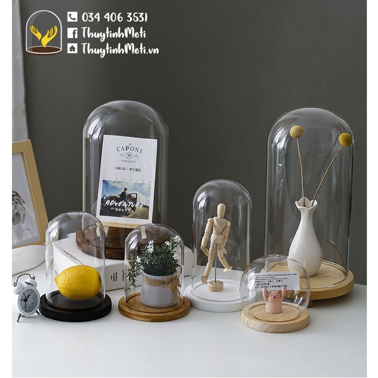 Chụp thủy tinh đế gỗ 12x18, kích thước tùy chỉnh theo yêu cầu