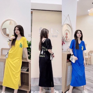 Đầm bầu dáng suông váy bầu dáng dài có họa tiết chữ đan lưng form rộng