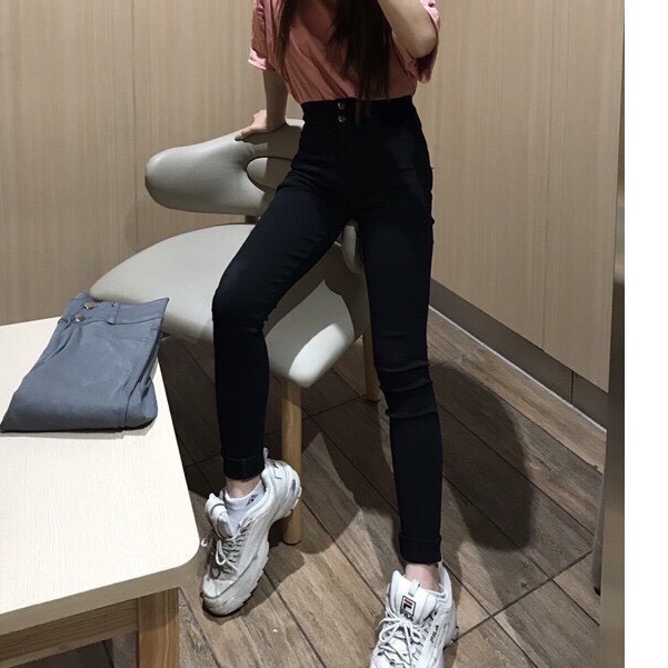 Quần legging nữ dài cạp cao có khóa 2 khuy chất vải UMI dày dặn cấp xuất hàn - Quần vải đen nữ co giãn thun mát đi học