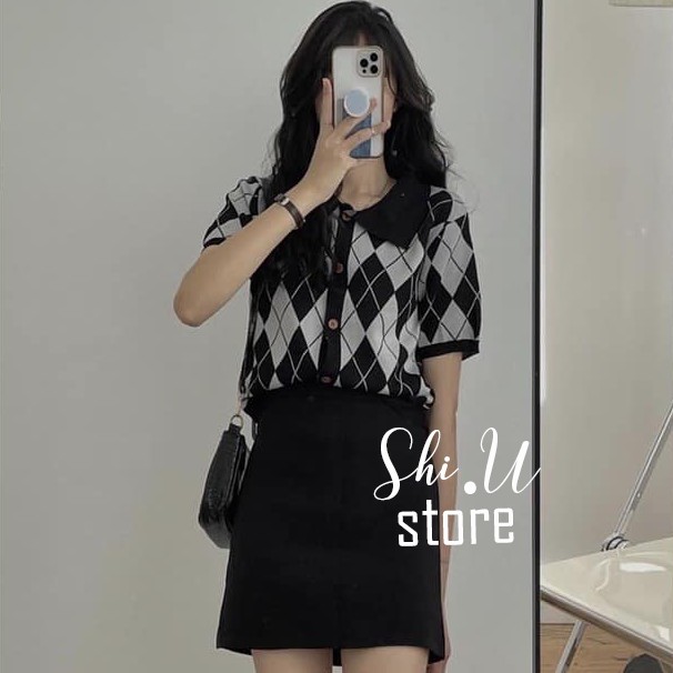 [ảnh/clip thật] Áo Len Polo Nữ Mỏng Cộc Tay Dệt Kim Dáng Croptop Họa Tiết Kẻ Caro Hai Màu