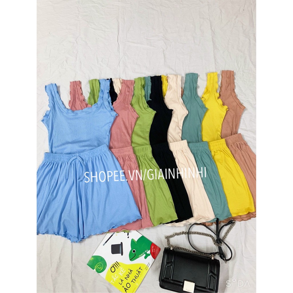 Bộ ngủ ba lỗ viền bèo thun tăm, Sét đồ ngủ sexxy co giãn chất mát lạnh BN0086 - NhiNhi Shop