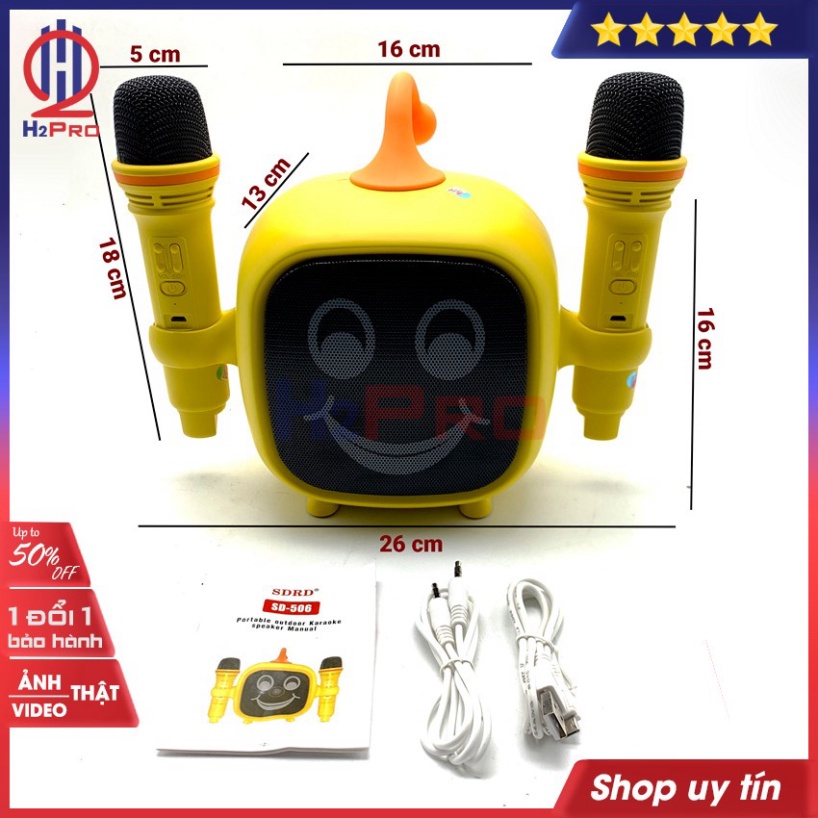 Loa bluetooth karaoke SDRD SD-506 H2Pro CUTE đa năng 10W-USB-TF-AUX-FM-2 micro, (tặng 2 micro và 2 đôi pin 250K)