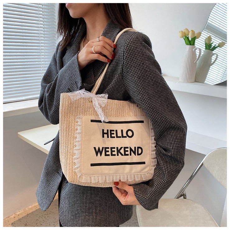 Túi Cói Du Lịch Đi Biển LUHAZO Hello Weekend Phối Ren Sang Chảnh Phong Cách Hàn Quốc