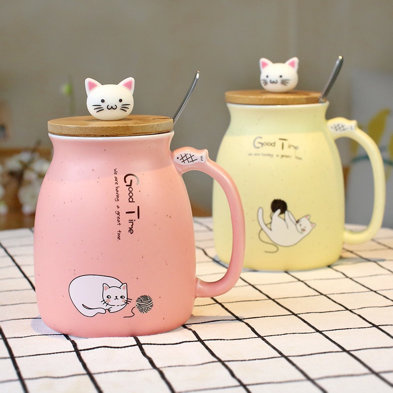 Ly sứ MÈO LƯỜI - HÌNH THẬT, cốc sứ hình mèo IN HÌNH THEO YÊU CẦU CÓ NẮP GỖ và THÌA, dung tích 420ml, HỘP QÙA