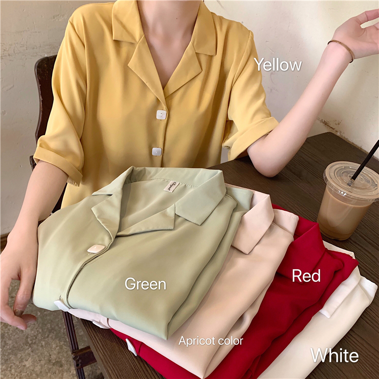 Áo sơ mi tay ngắn cổ polo phong cách retro Hàn Quốc cho nữ
