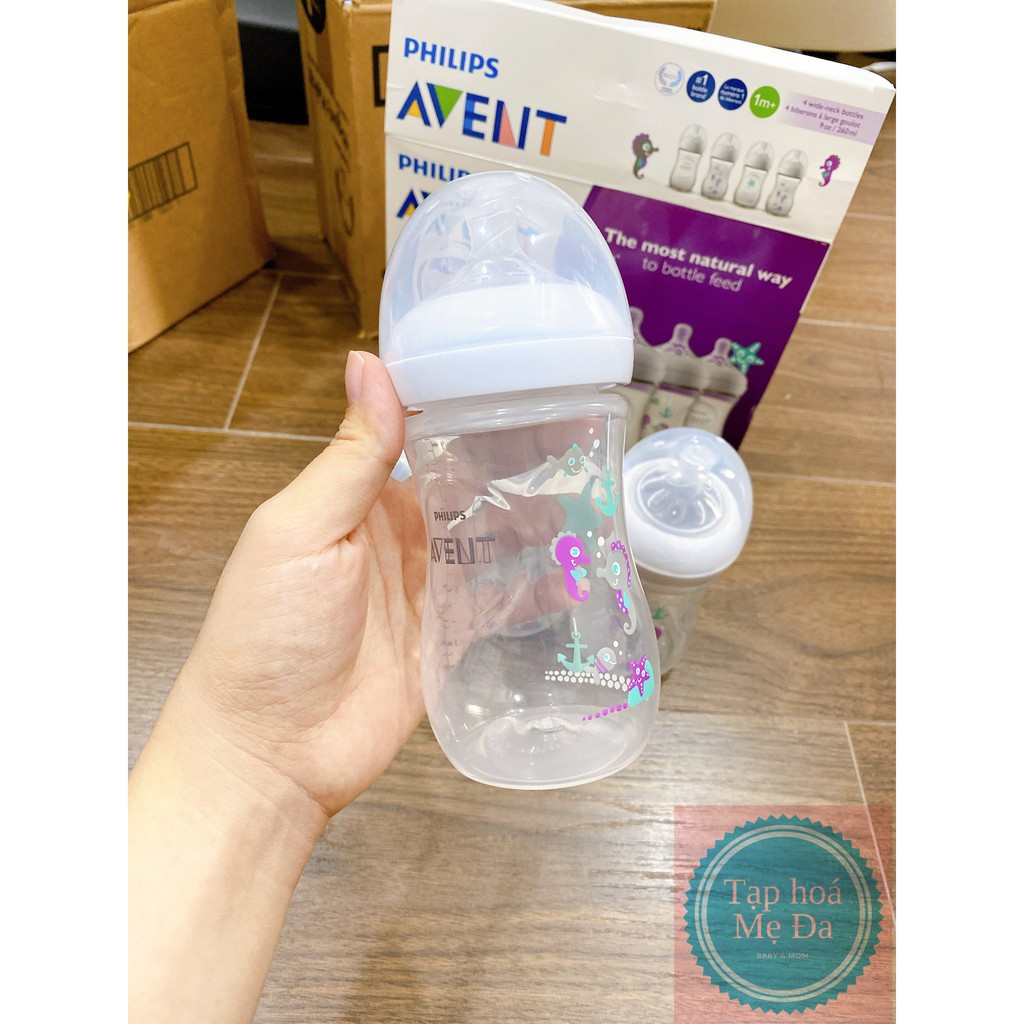 Bình sữa Avent Natural 260ml in họa tiết kèm núm số 2 (hàng gửi từ Mỹ đi air)