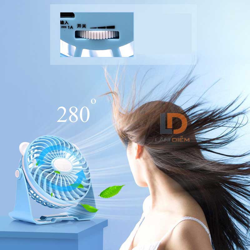 Quạt sạc tích điện để bàn treo tường xoay 280 độ dp 7609