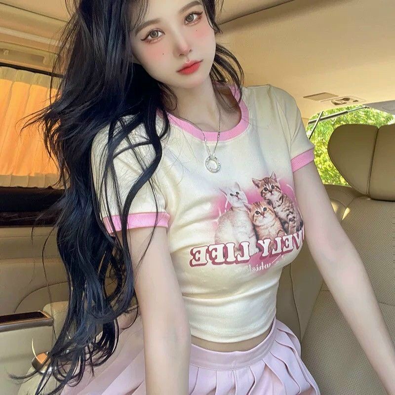 Áo croptopy borip phối viền in mèo cute