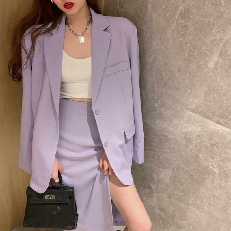 Purple suit jacket women loose Korean casual retro mid-length suit jacket