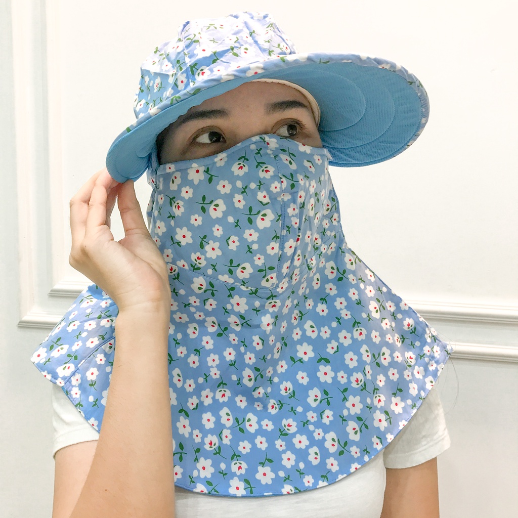 Nón mũ chống nắng vành rộng kèm khẩu trang vải cotton cố định bằng miếng dán [được chọn mẫu]