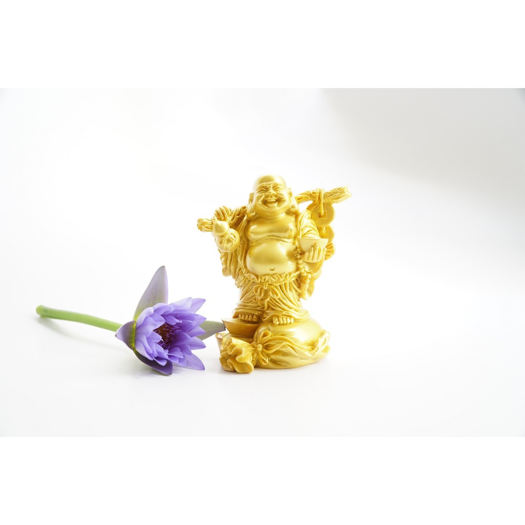Tượng Phật Di Lặc nhũ vàng đứng trên bao tiền vàng chiêu tài lộc - Cao 14cm | BigBuy360 - bigbuy360.vn