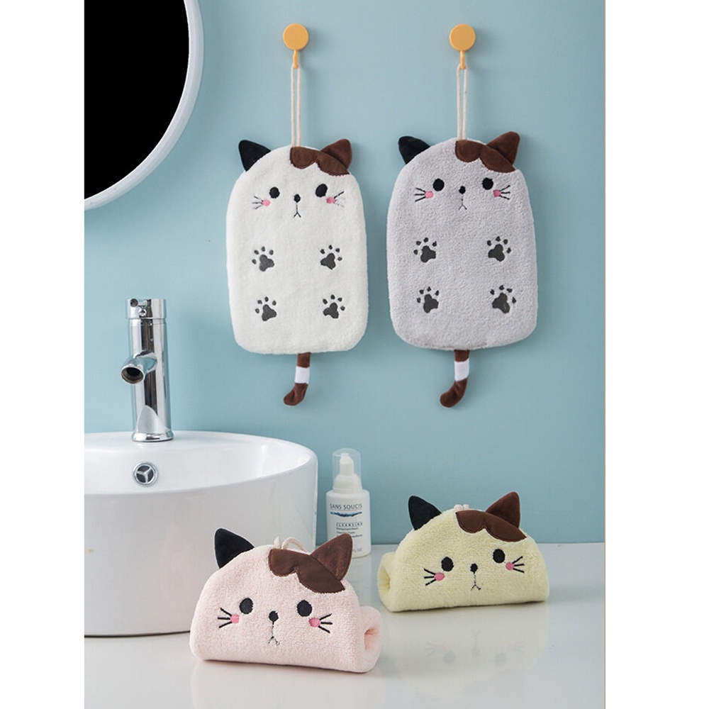 Khăn Lau Tay Treo Tường Vải Lông Cừu San Hô Hình Mèo Hoạt Hình Sáng Tạo Thấm Hút Nước