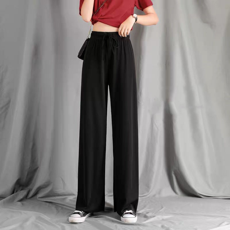 Hot Sale Ice silk wide-leg pants women's summer high waist drape black slim and versatile 2021 straight-leg pants student nine points/trousers