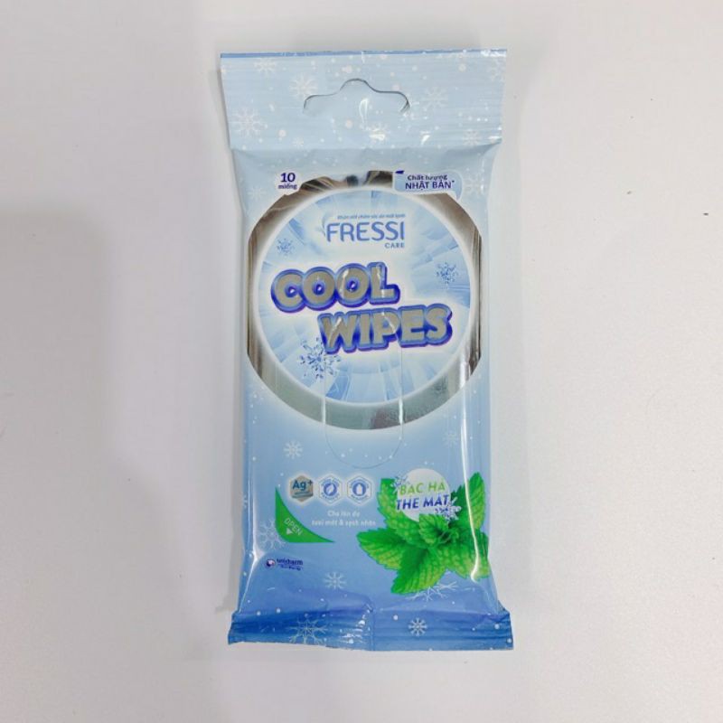 GIÂY ƯỚT/ KHĂN ƯỚT FRESSI COOL WIPES BẠC HÀ THE MÁT GÓI 10 MIẾNG