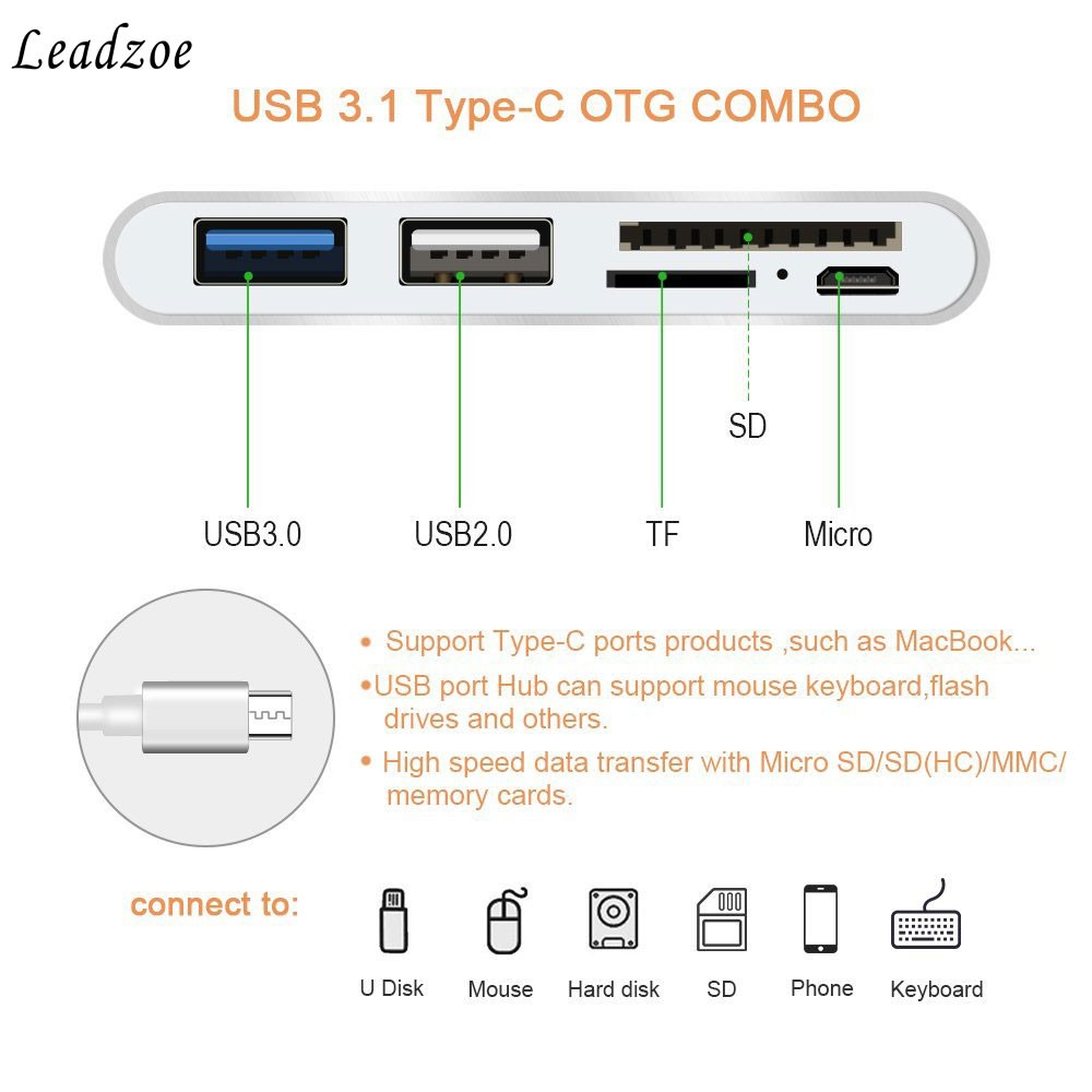 Hub USB Type-C OTG ra USB 3.0 / USB 2.0 / Đầu đọc thẻ SD, Micro SD / Micro USB