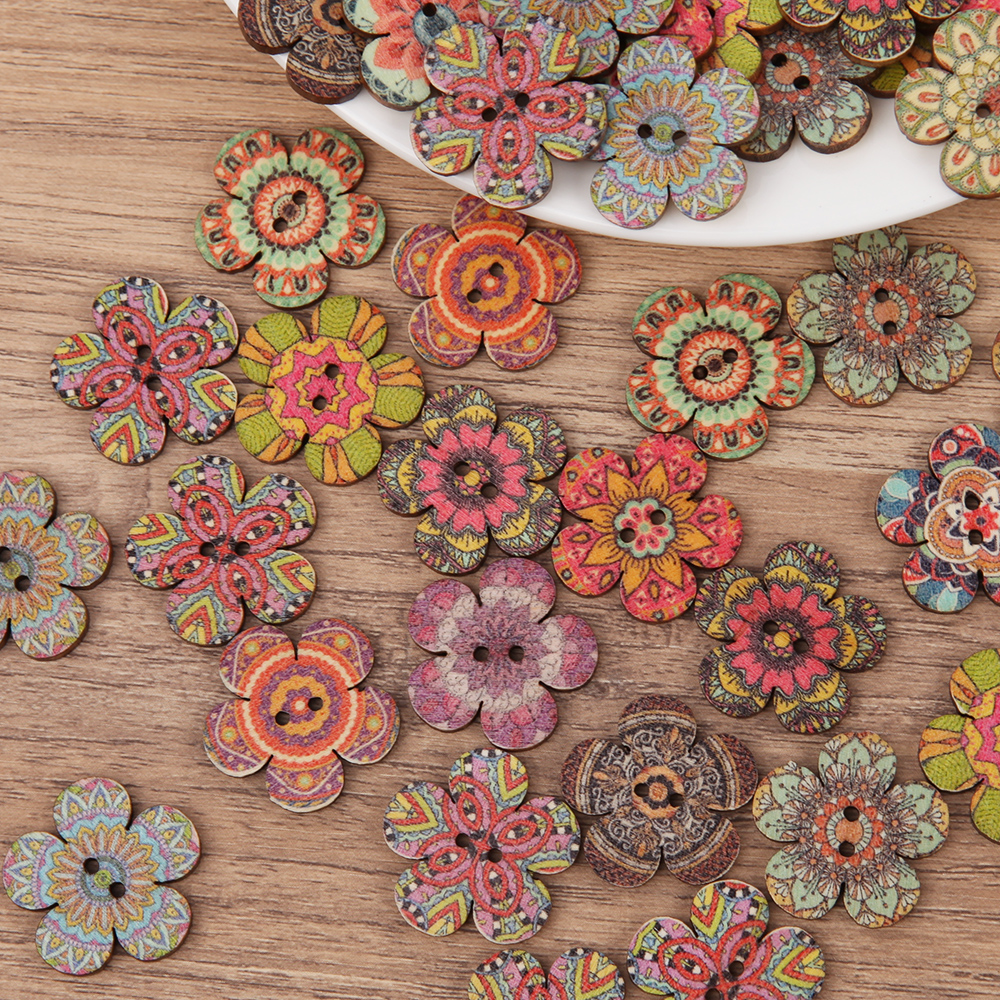 Set 50 Nút Gỗ 20 / 25mm In Họa Tiết Vintage Bảo Vệ Môi Trường