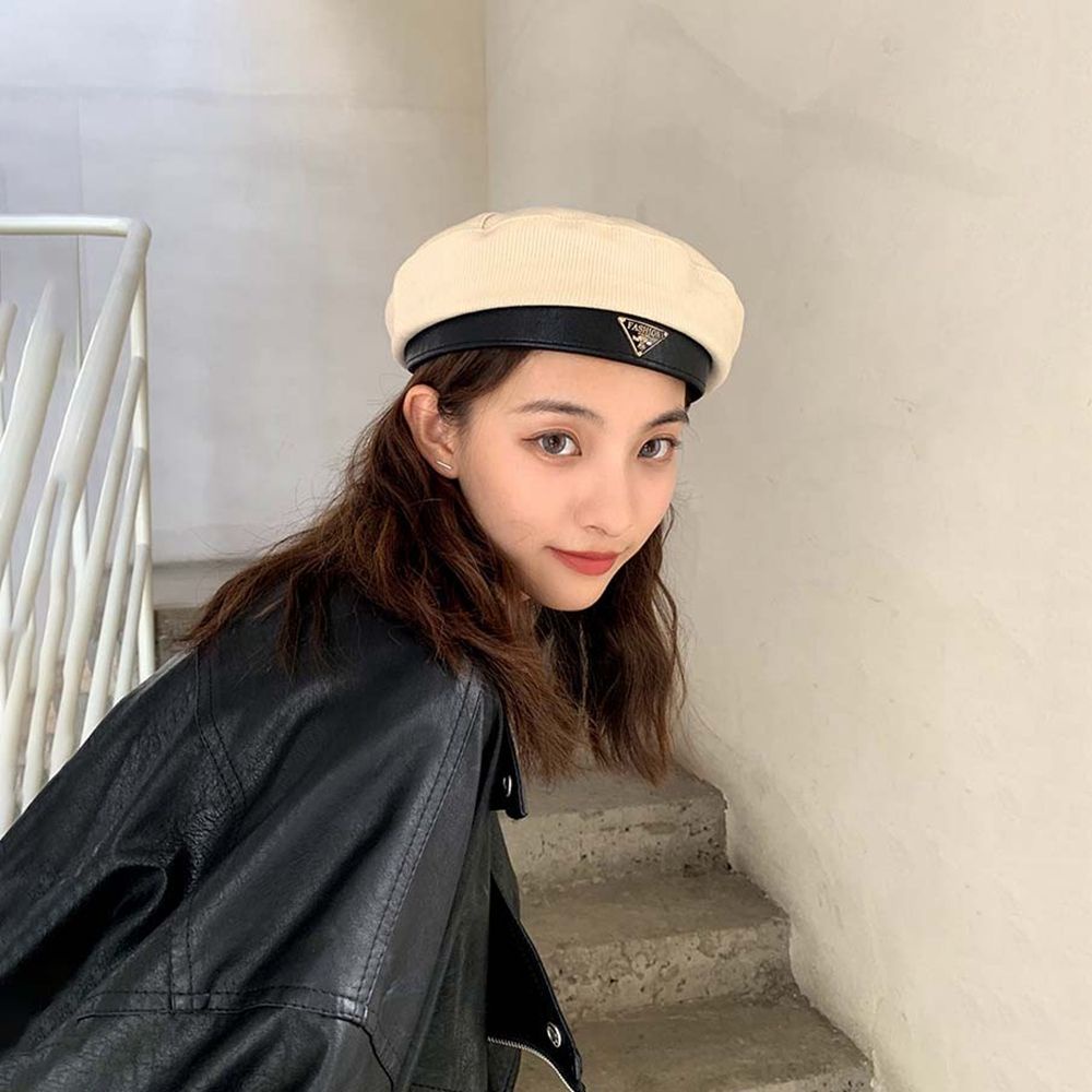 Mũ beret cotton phối da màu trơn đơn giản phong cách Hàn Quốc thời trang mùa thu cho nữ