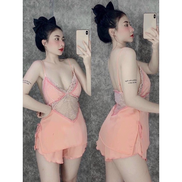 Set bộ ngủ sexy hai dây lụa satin phối ren có mút cao cấp | BigBuy360 - bigbuy360.vn