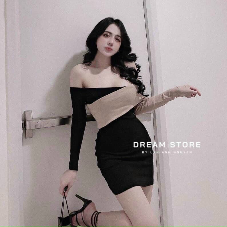 Đầm body hở vai phối ống tay be trông sang chảnh quý phái luôn 2 màu đen và nâu đất cho tình yêu đi tiệc dạo phố nè