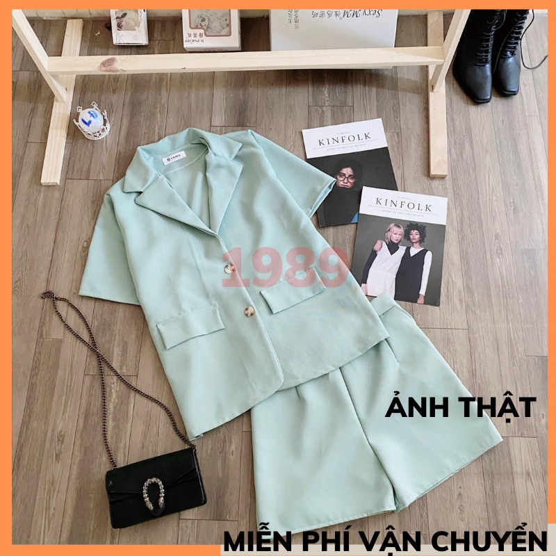 Set áo vest trơn XANH basic cộc tay kèm quần short form oversize, Set áo Blazer kèm quần short Hàn Quốc THỜITRANG1989 | BigBuy360 - bigbuy360.vn