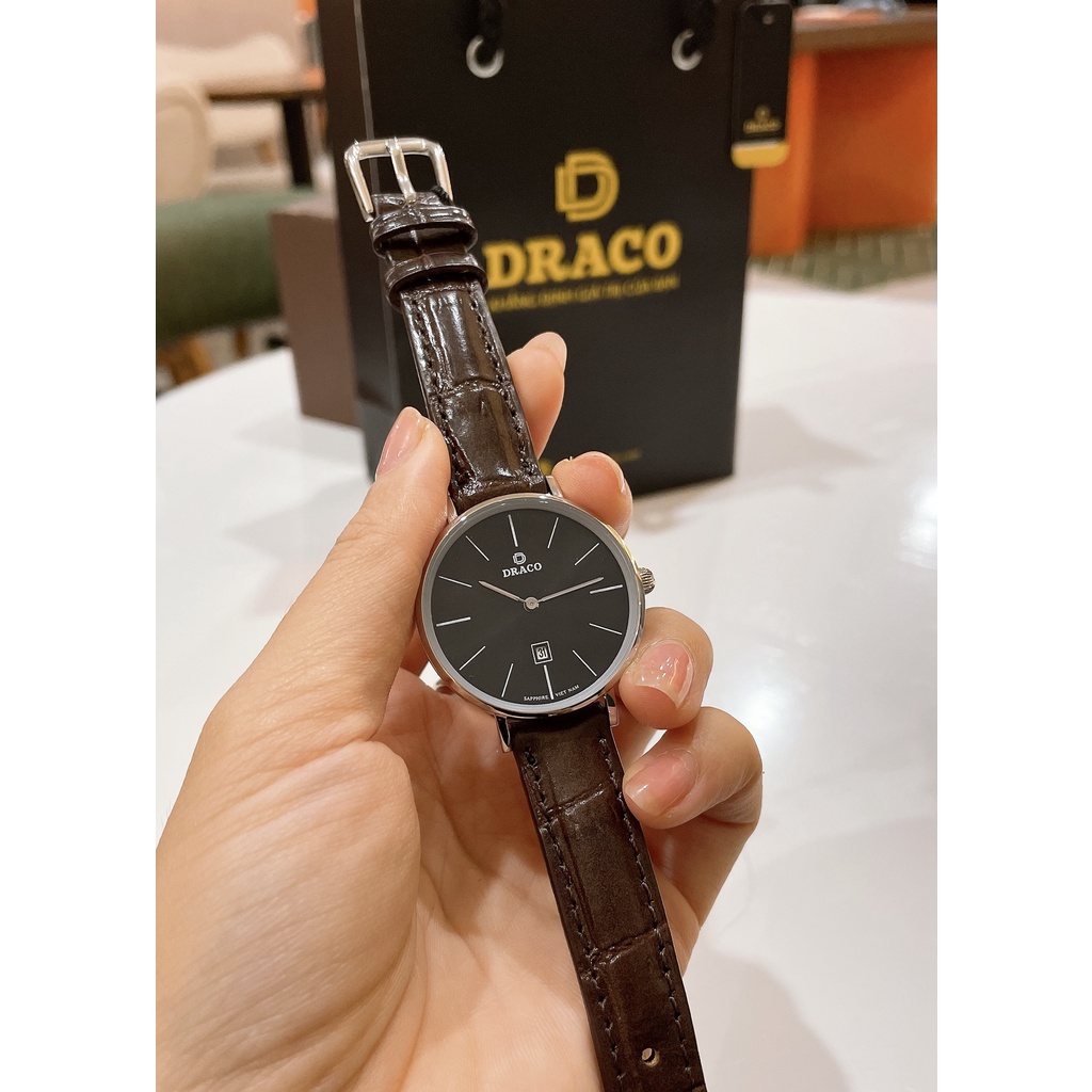 Đồng hồ nữ Draco D22-STN02 &quot;Classic Girl&quot; đen kết hợp chất liệu dây dây da bò màu nâu-phụ kiện thời trang nữ nhẹ nhàng t
