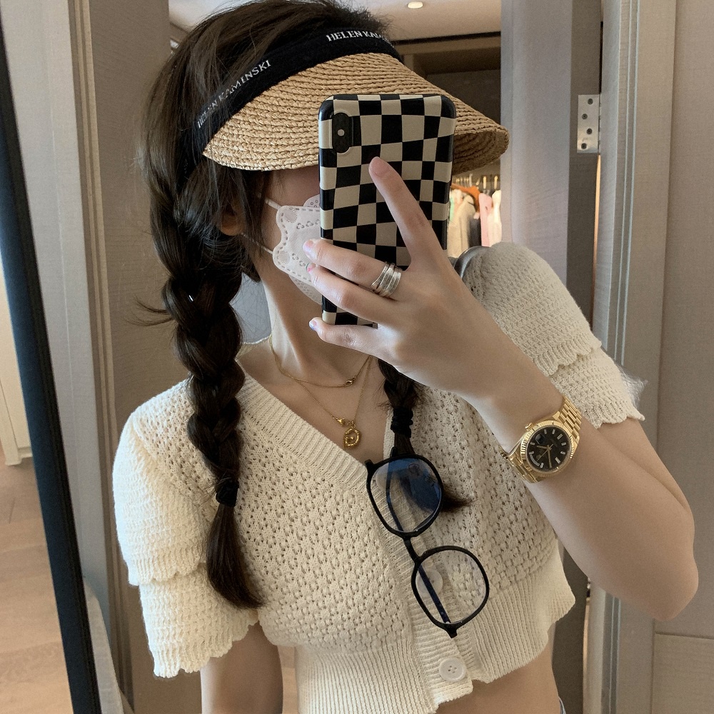 Áo cardigan ZHELIHANGFEI dệt kim tay ngắn cổ chữ V dáng rộng lưng cao thời trang dành cho nữ