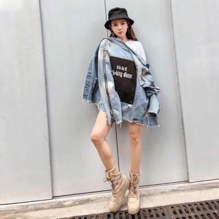 Áo khoác jean unisex phối dây khoá tay