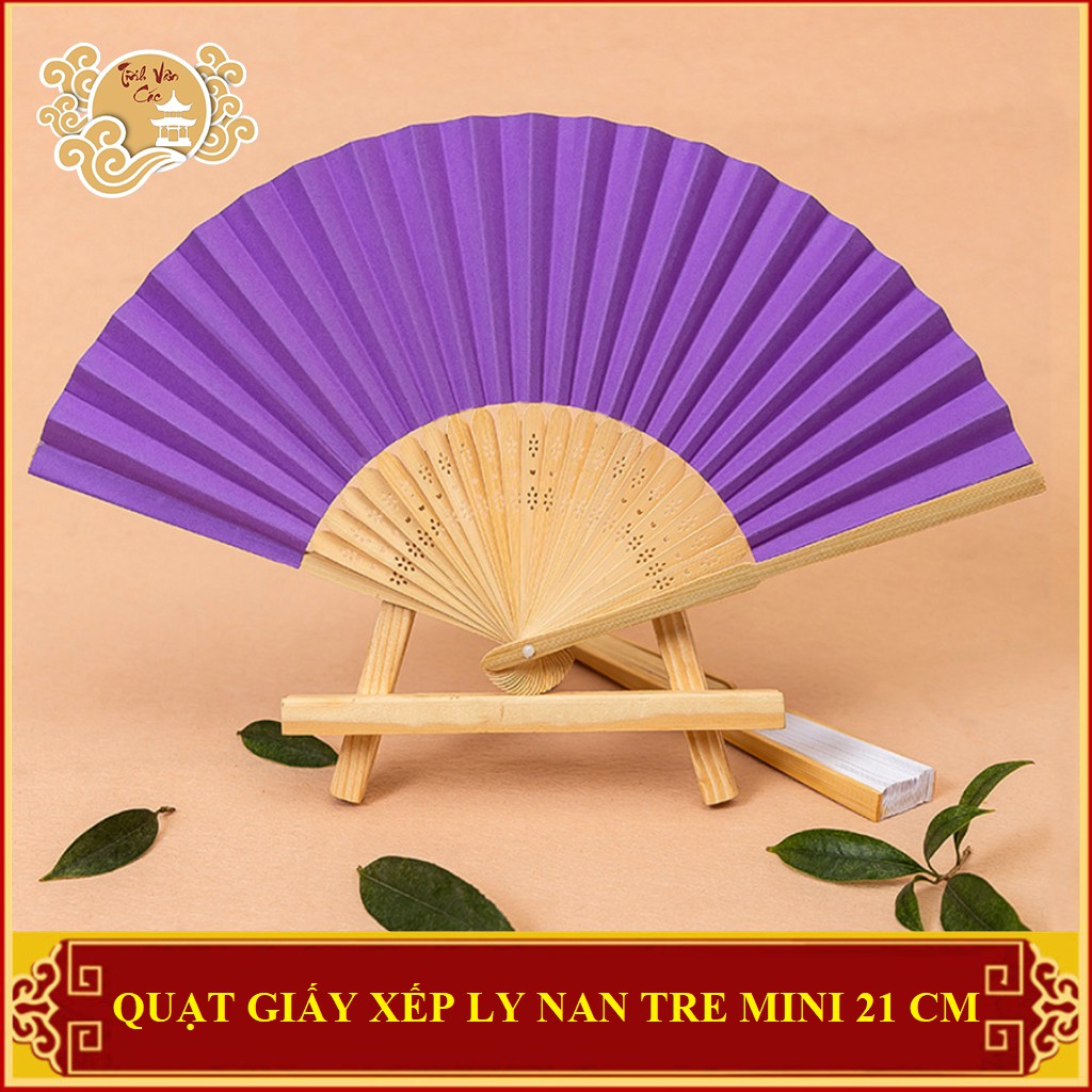 .Quạt giấy xếp ly nan tre mini Tĩnh Vân Các màu tím