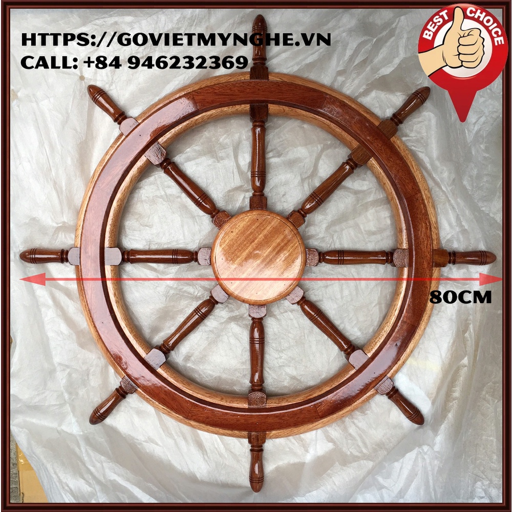 Mô hình bánh lái tàu gỗ trang trí - vô lăng tàu gỗ trang trí treo tường trang trí nhà cửa - Ø 80cm - Gỗ căm xe