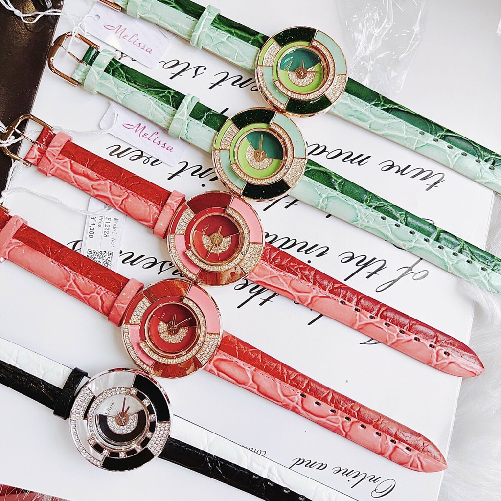 Đồng hồ nữ Melissa - dây da viền đính đá - size 39mm